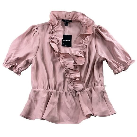 Forever 21 Mauve Blouse Sz M Ruffled V-Neck Puff Short Sleeve Top Shirt NEW - Picture 6 of 6